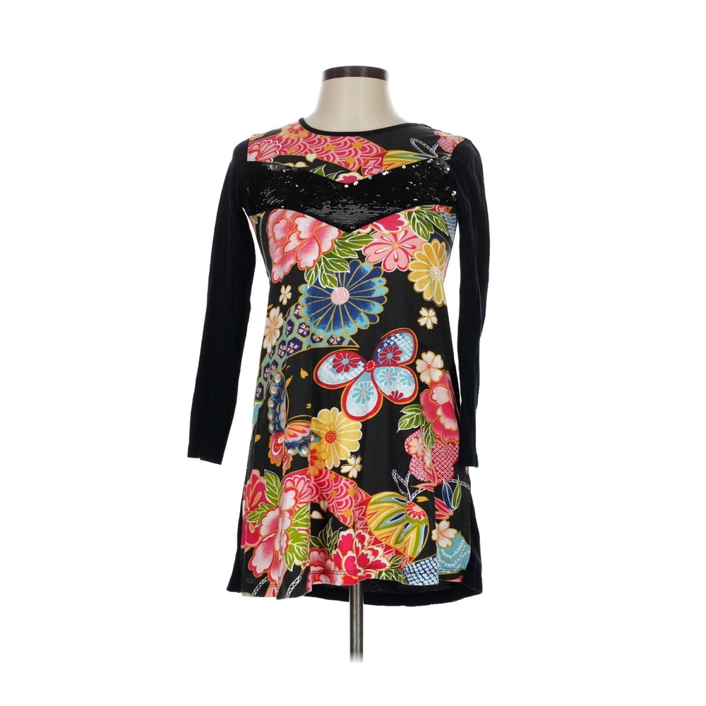 Desigual Girls Black Floral Butterfly Sequin Long Sleeve Dress Size 11/12